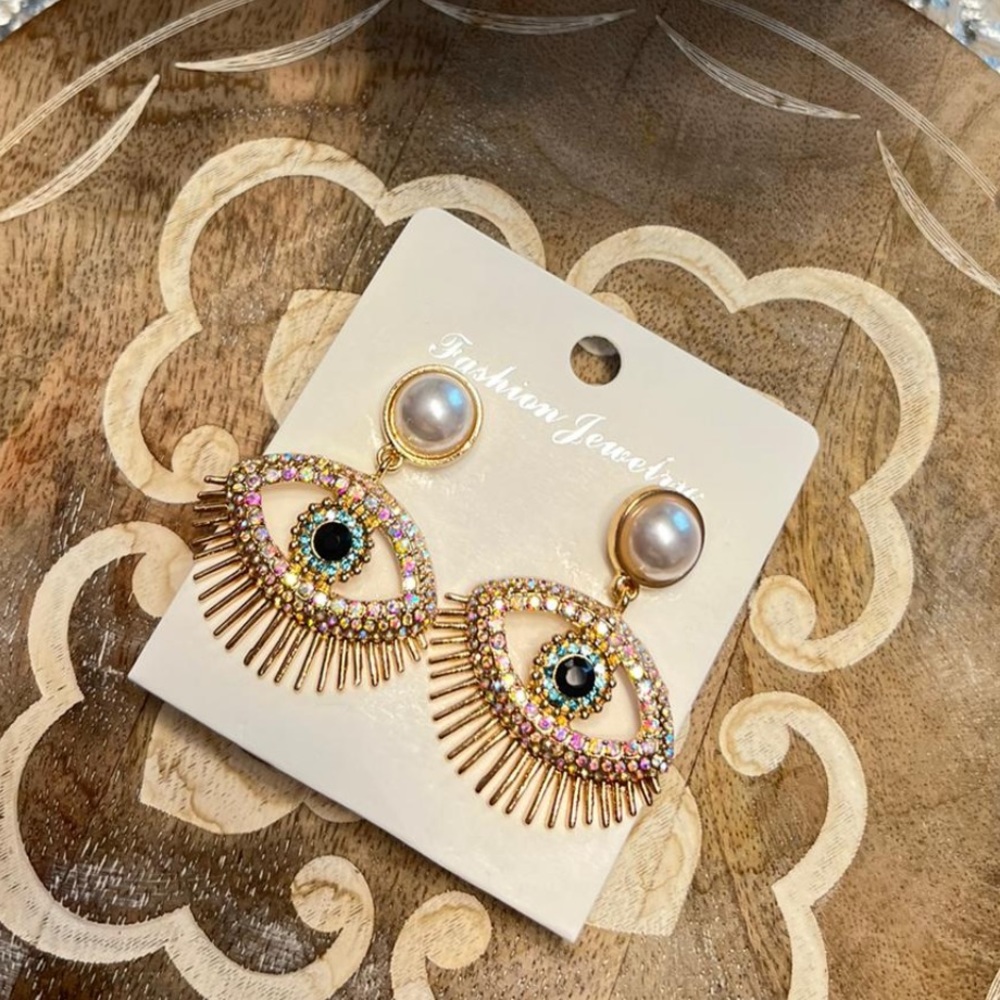 NEW! Colorful Crystal Gold Coin Evil Eye Drop Earrings